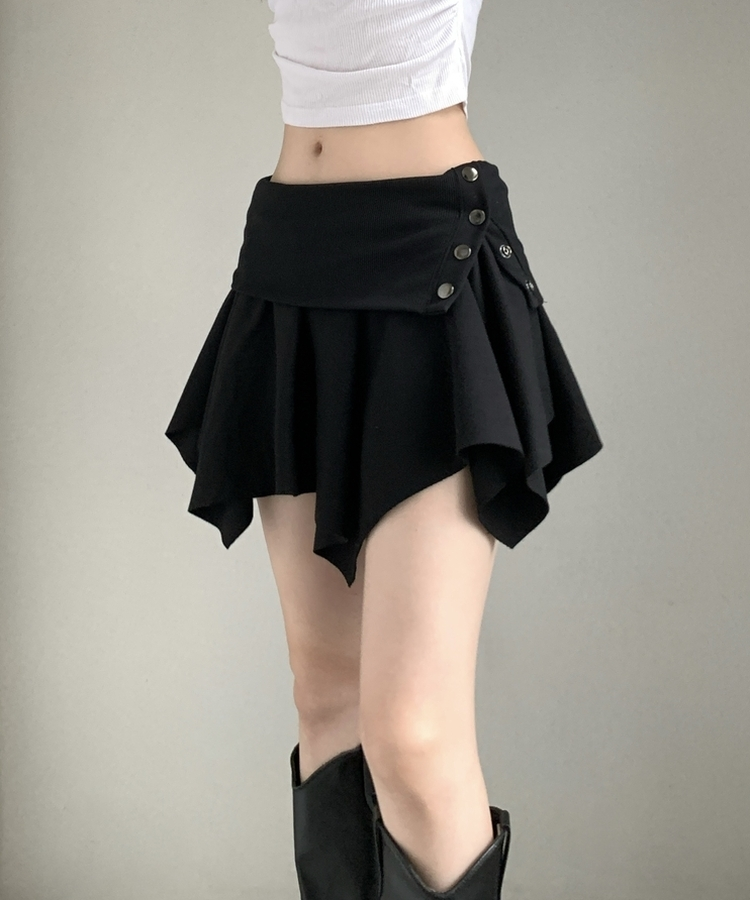 アシメボタンラップミニコットンスカート(5color) BLACK