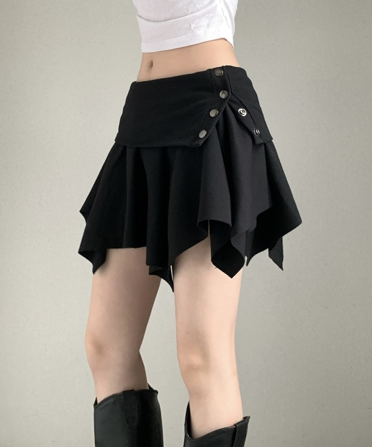 アシメボタンラップミニコットンスカート(5color) BLACK