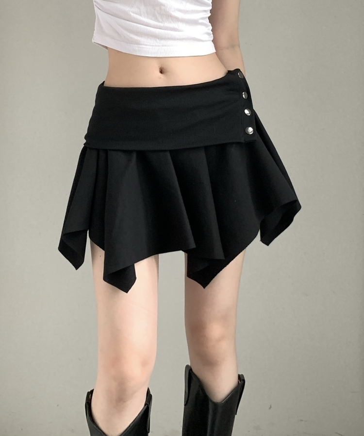 アシメボタンラップミニコットンスカート(5color) BLACK