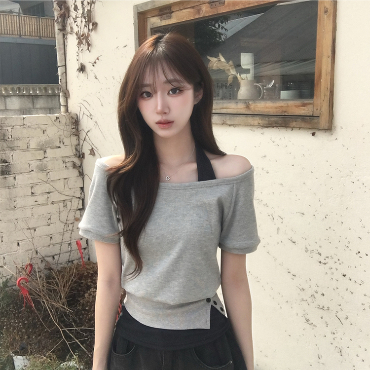 【SET】ボートネック半袖Tシャツ ホルターネックキャミ GREY