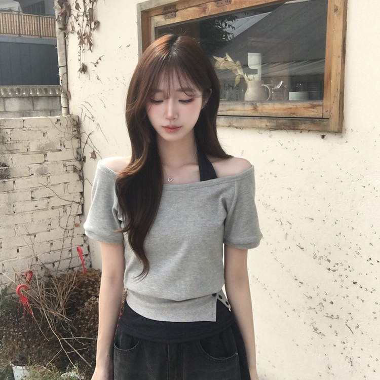 【SET】ボートネック半袖Tシャツ ホルターネックキャミ GREY