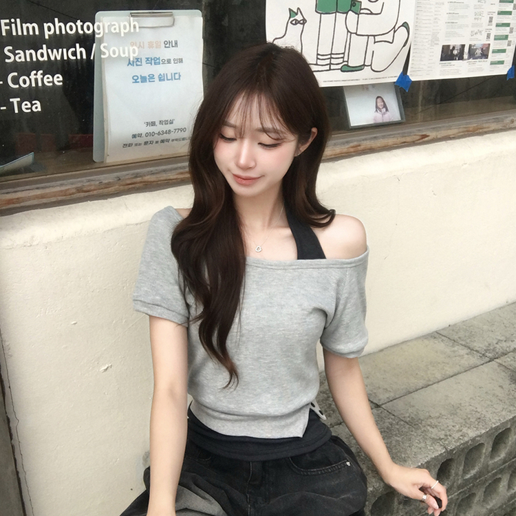 【SET】ボートネック半袖Tシャツ ホルターネックキャミ GREY