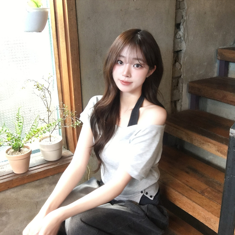【SET】ボートネック半袖Tシャツ ホルターネックキャミ GREY