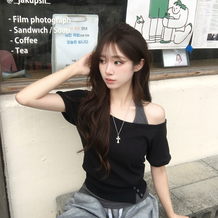 【SET】ボートネック半袖Tシャツ ホルターネックキャミ BLACK