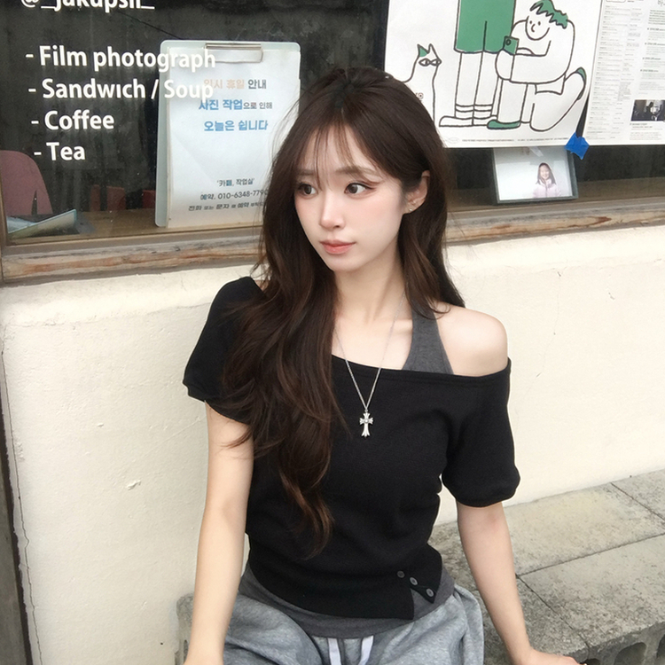 【SET】ボートネック半袖Tシャツ ホルターネックキャミ BLACK
