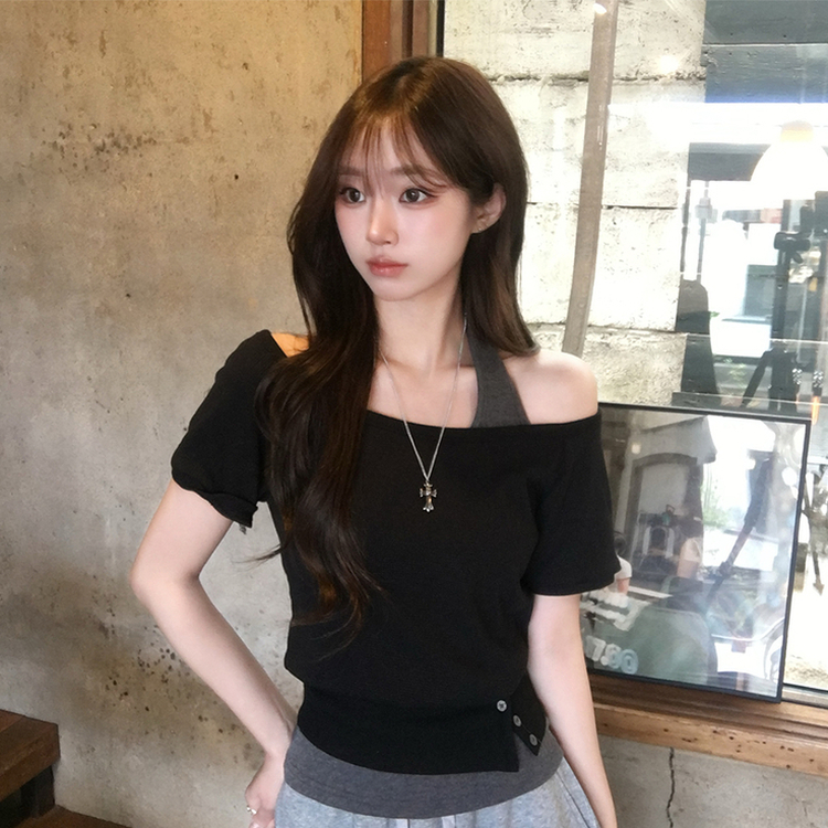 【SET】ボートネック半袖Tシャツ ホルターネックキャミ BLACK