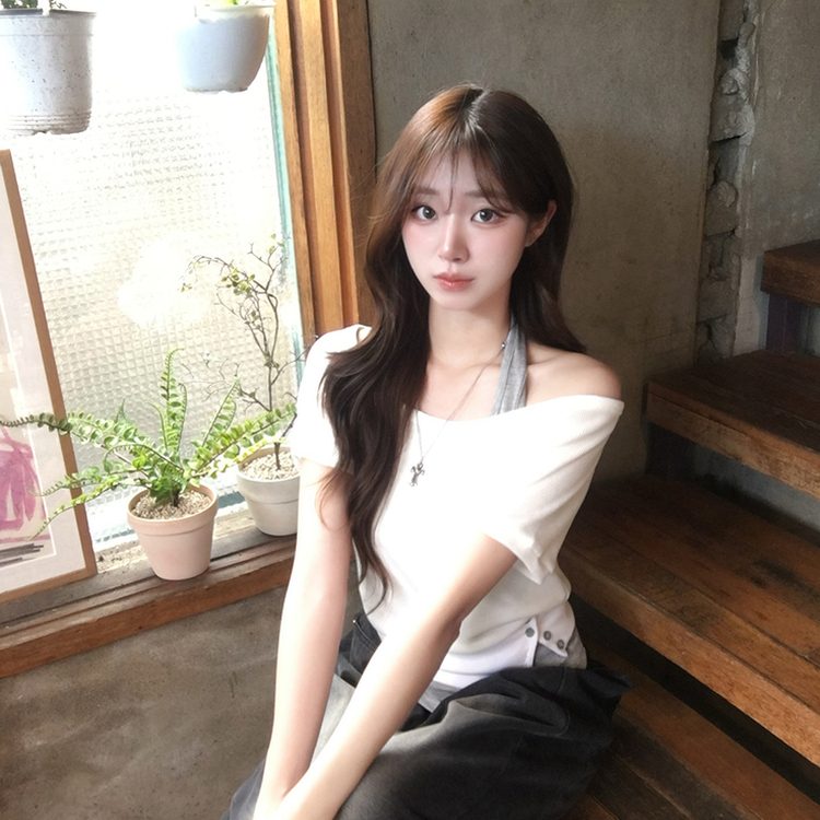 【SET】ボートネック半袖Tシャツ ホルターネックキャミ WHITE