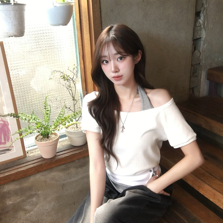 【SET】ボートネック半袖Tシャツ ホルターネックキャミ WHITE