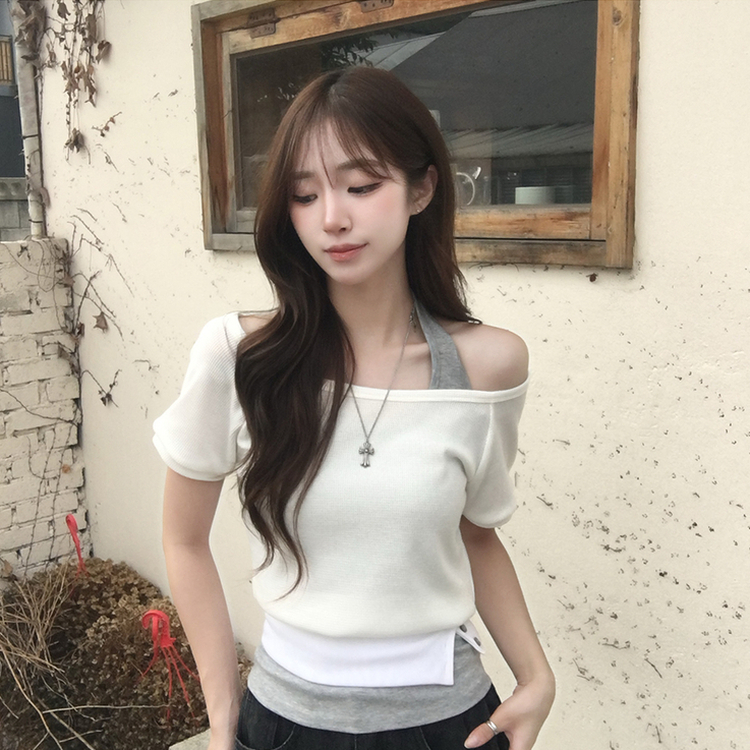 【SET】ボートネック半袖Tシャツ ホルターネックキャミ WHITE
