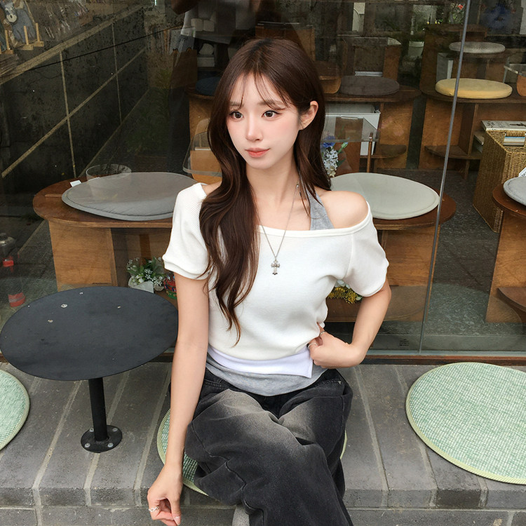 【SET】ボートネック半袖Tシャツ ホルターネックキャミ WHITE