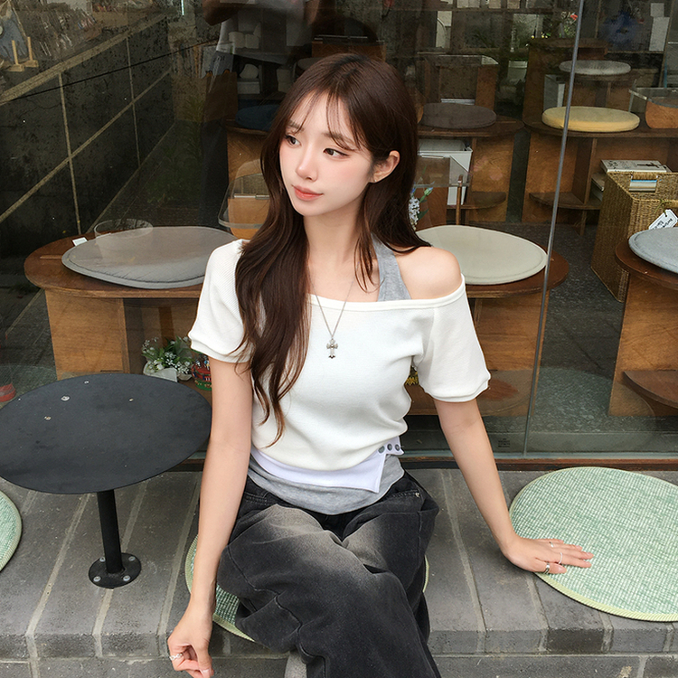 【SET】ボートネック半袖Tシャツ ホルターネックキャミ WHITE
