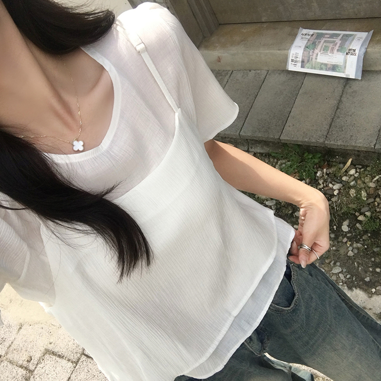 【SET】レイヤードキャミソール＋フリルブラウス WHITE