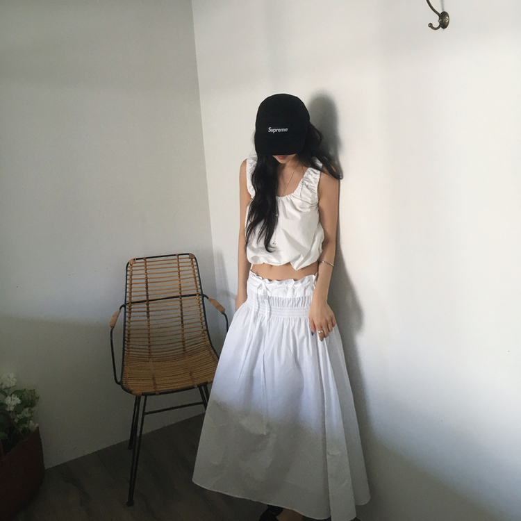 シャーリングフレアウエストゴムミディスカート WHITE