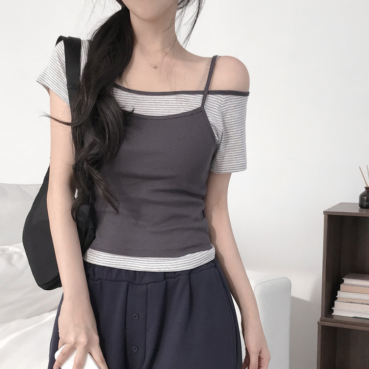 オフショルレイヤードストライプTシャツ CHARCOAL
