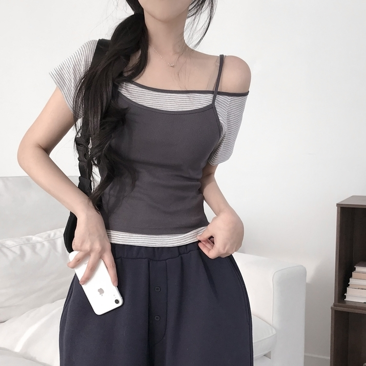 オフショルレイヤードストライプTシャツ CHARCOAL