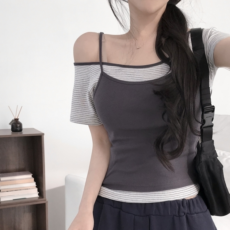 オフショルレイヤードストライプTシャツ CHARCOAL