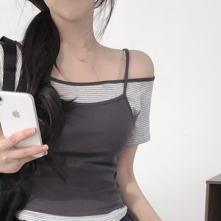 オフショルレイヤードストライプTシャツ CHARCOAL