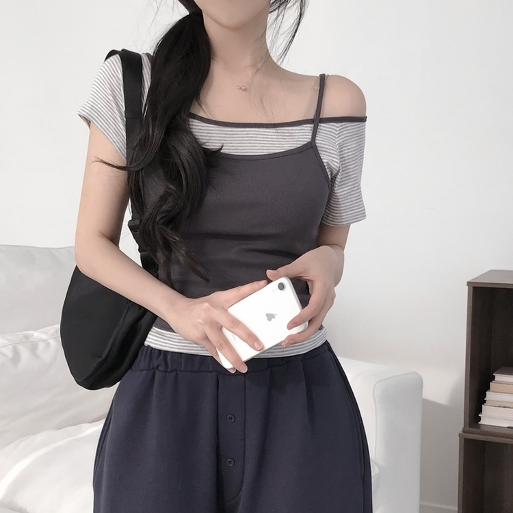 オフショルレイヤードストライプTシャツ CHARCOAL
