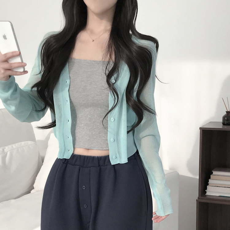 シアーVネック長袖ニットカーディガン(8color) SKY BLUE