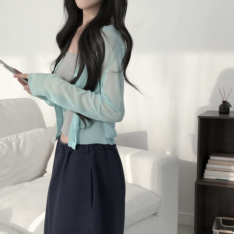 シアーVネック長袖ニットカーディガン(8color) SKY BLUE
