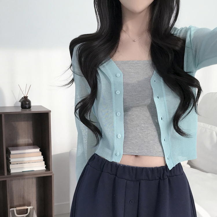 シアーVネック長袖ニットカーディガン(8color) SKY BLUE