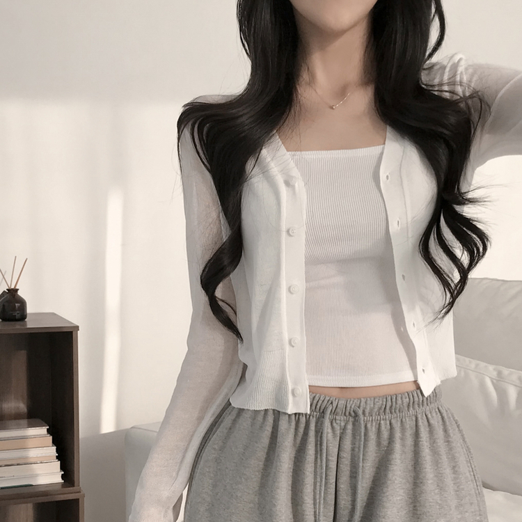 シアーVネック長袖ニットカーディガン(8color) IVORY
