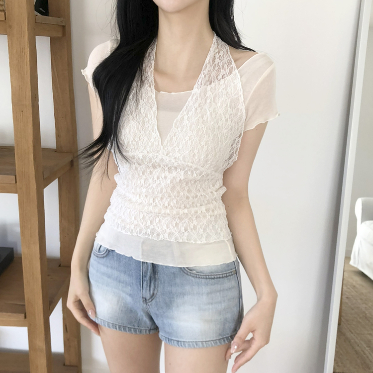 【SET】レースホルターネックキャミ＋フリル半袖Tシャツ IVORY