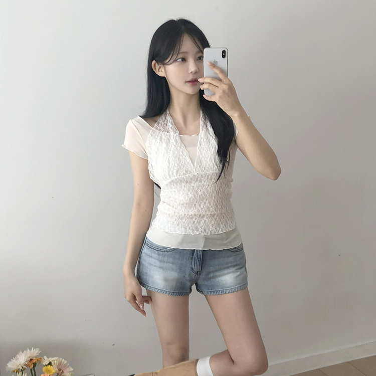 【SET】レースホルターネックキャミ＋フリル半袖Tシャツ IVORY