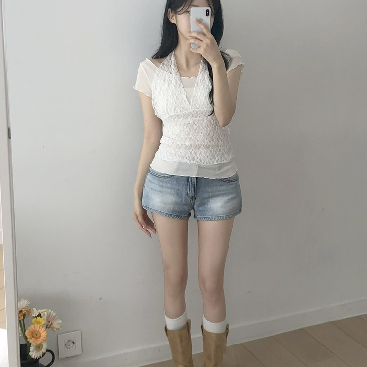 【SET】レースホルターネックキャミ＋フリル半袖Tシャツ IVORY