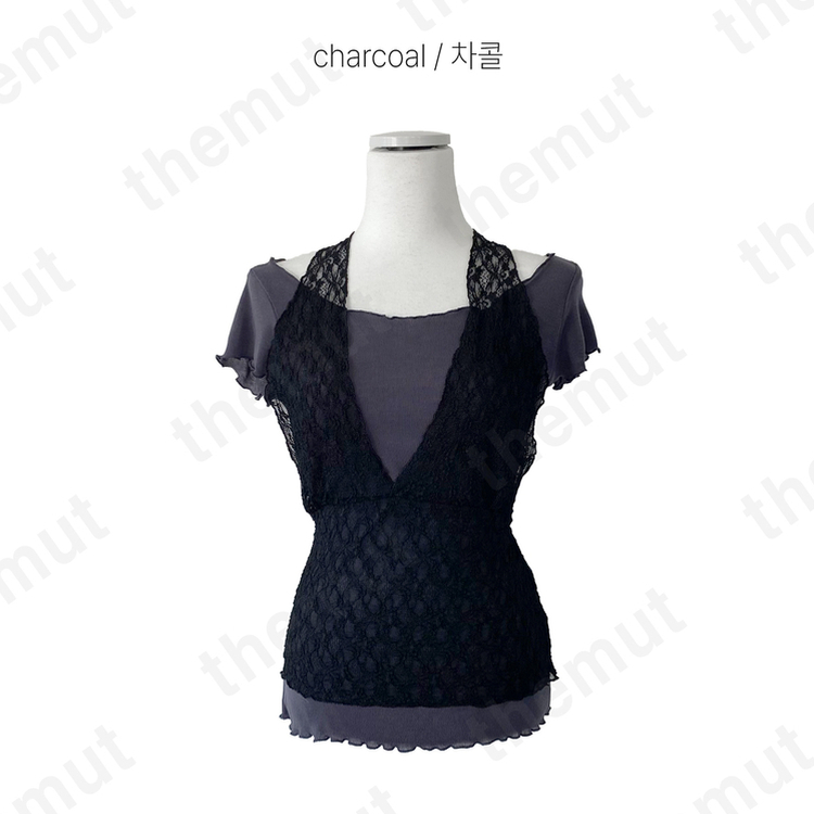 【SET】レースホルターネックキャミ＋フリル半袖Tシャツ