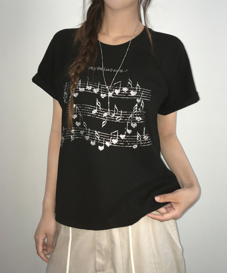 グリッターレタリング半袖Tシャツ BLACK