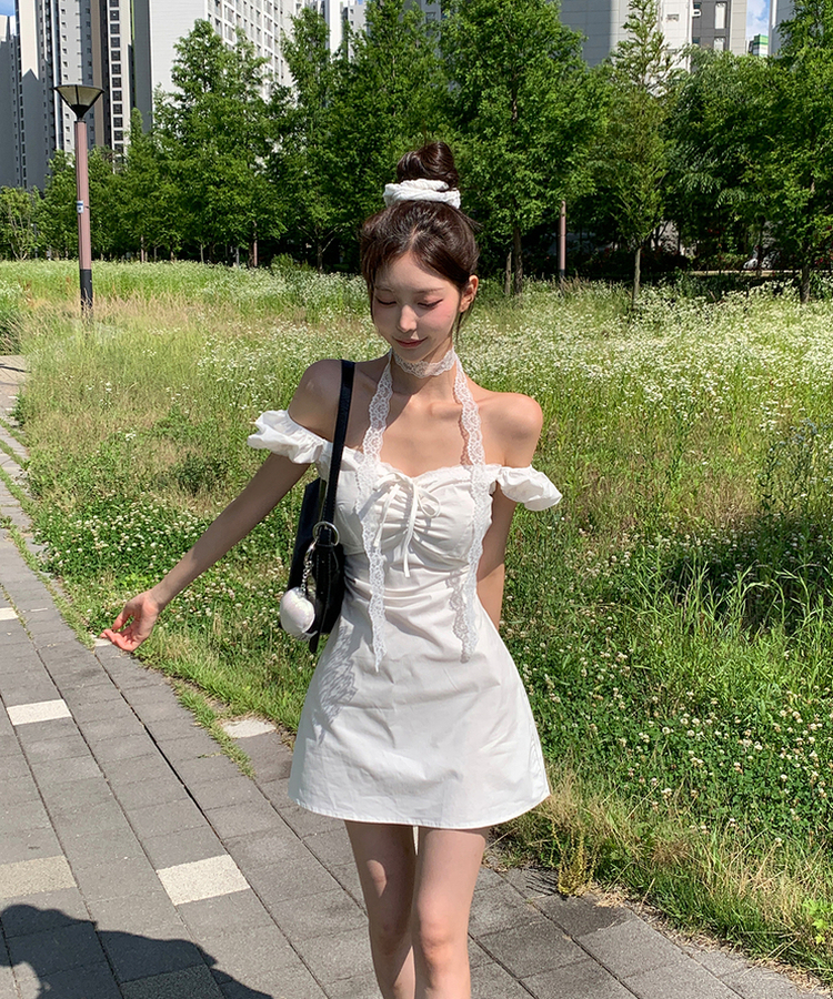 タイ付き】レースシャーリングリボンパフミニワンピース｜ミニ