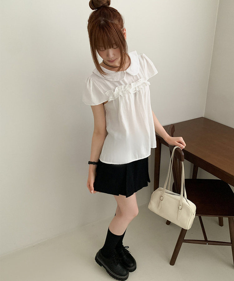 丸襟フリルパフ半袖ブラウス WHITE