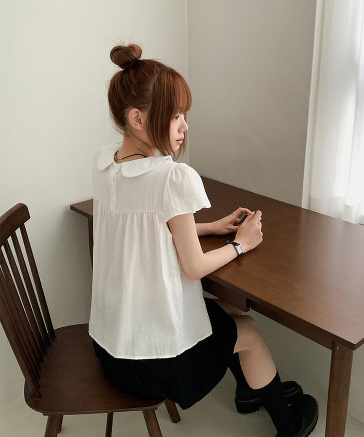 丸襟フリルパフ半袖ブラウス WHITE