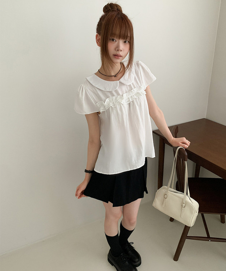 丸襟フリルパフ半袖ブラウス WHITE