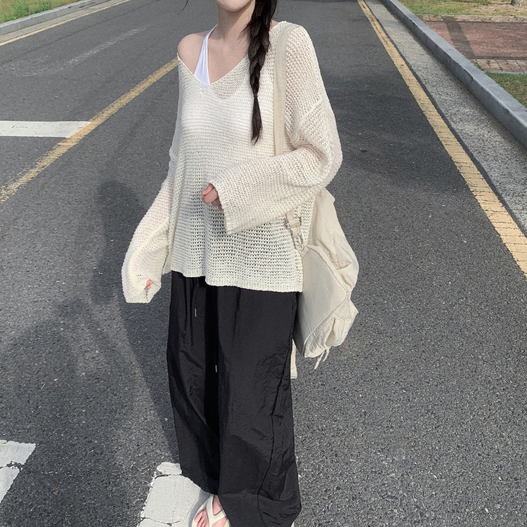 メッシュシアーディープVネック長袖ニット(6color) IVORY