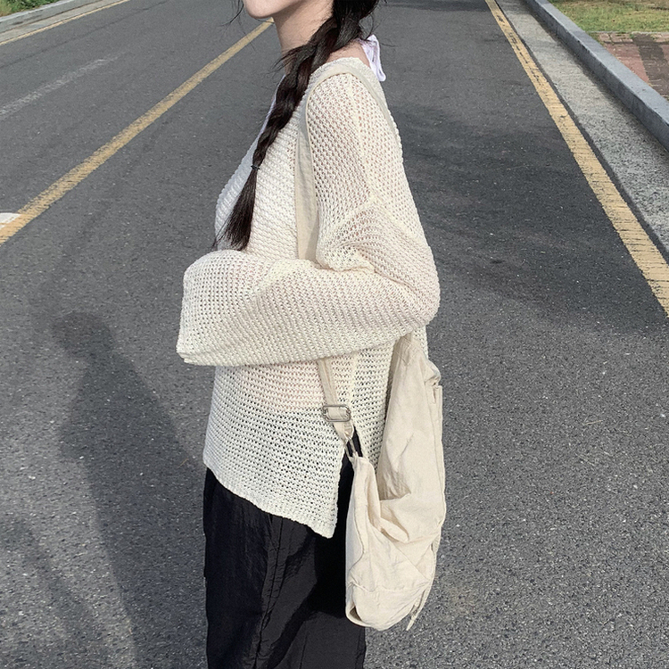 メッシュシアーディープVネック長袖ニット(6color) IVORY