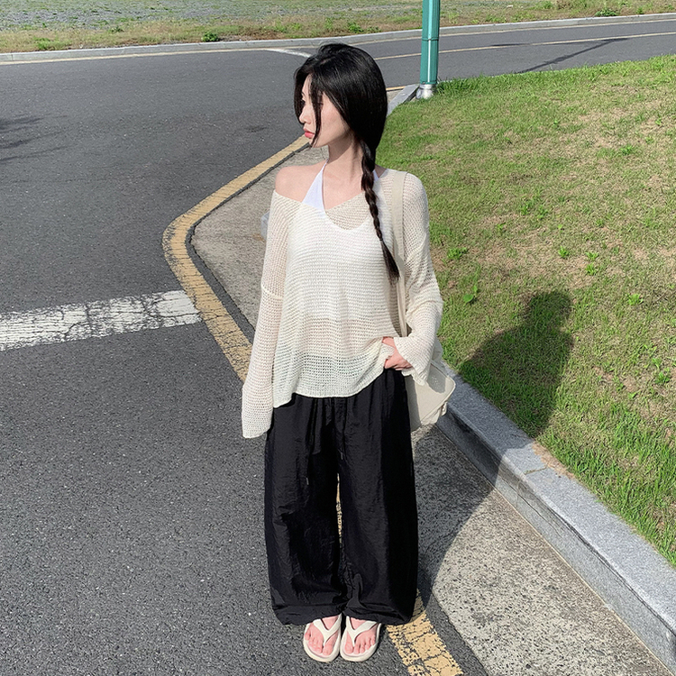 メッシュシアーディープVネック長袖ニット(6color) IVORY