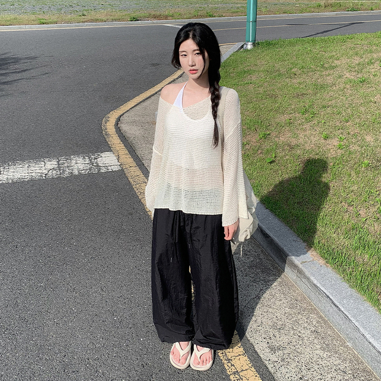 メッシュシアーディープVネック長袖ニット(6color) IVORY