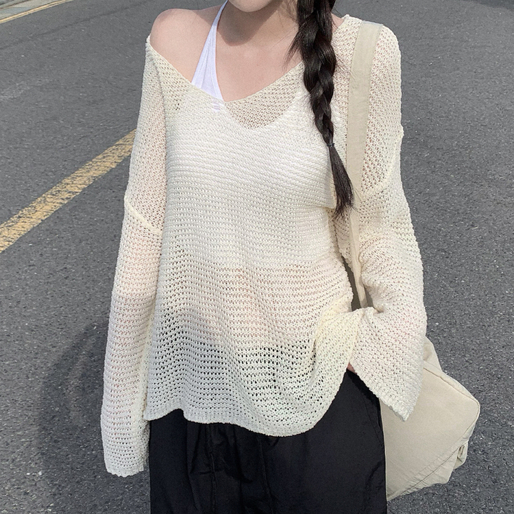 メッシュシアーディープVネック長袖ニット(6color) IVORY