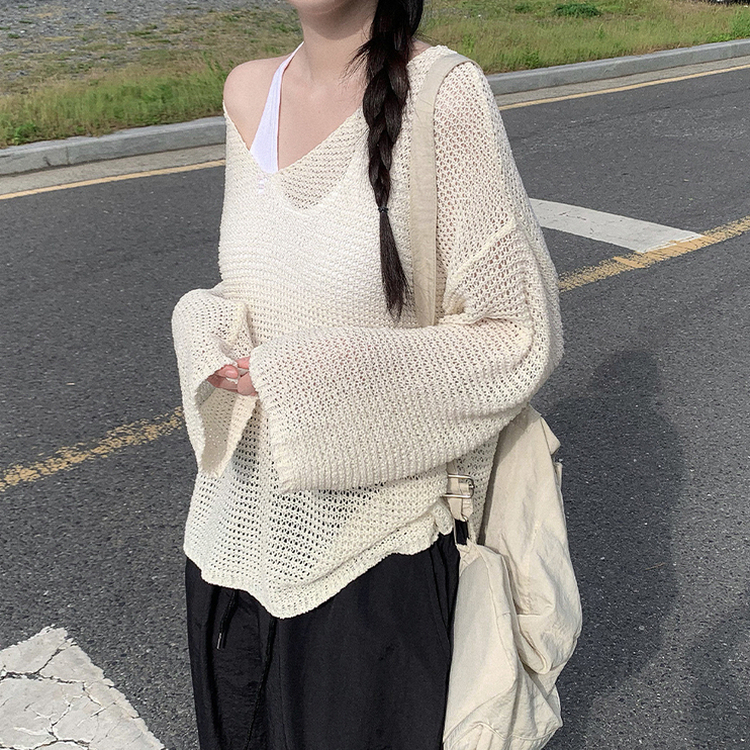 メッシュシアーディープVネック長袖ニット(6color) IVORY