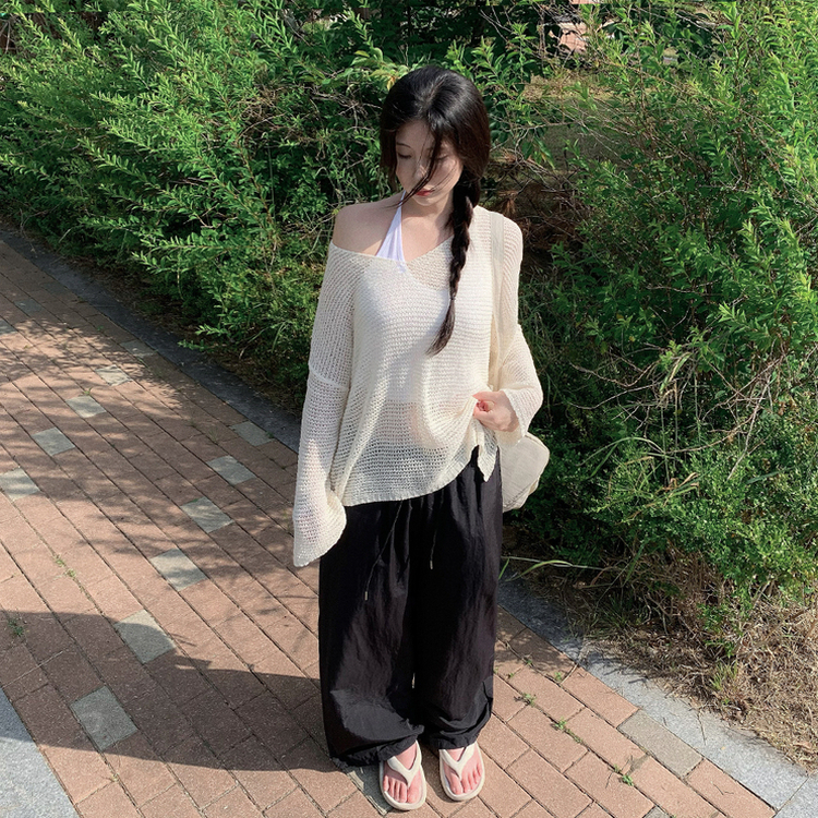 メッシュシアーディープVネック長袖ニット(6color) IVORY