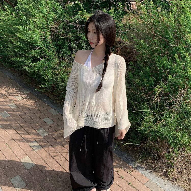 メッシュシアーディープVネック長袖ニット(6color) IVORY