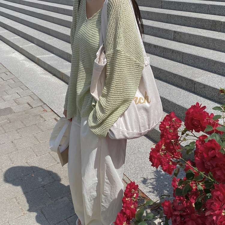メッシュシアーディープVネック長袖ニット(6color) LIGHT GREEN