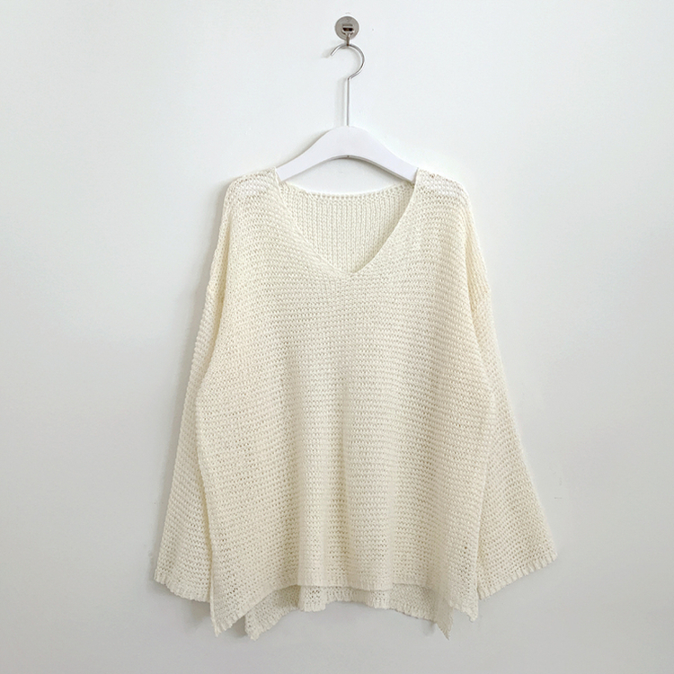 メッシュシアーディープVネック長袖ニット(6color)