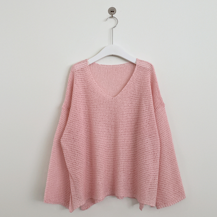 メッシュシアーディープVネック長袖ニット(6color)