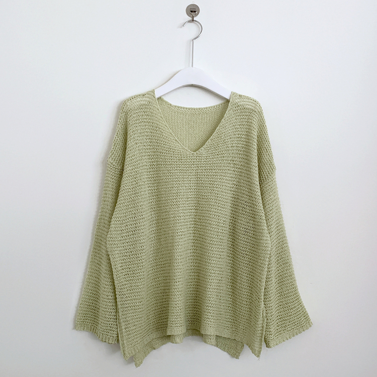 メッシュシアーディープVネック長袖ニット(6color)