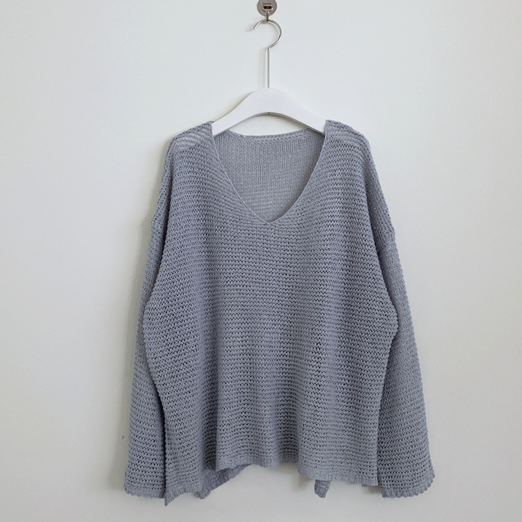 メッシュシアーディープVネック長袖ニット(6color)