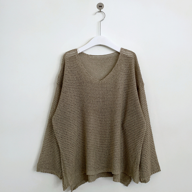 メッシュシアーディープVネック長袖ニット(6color)