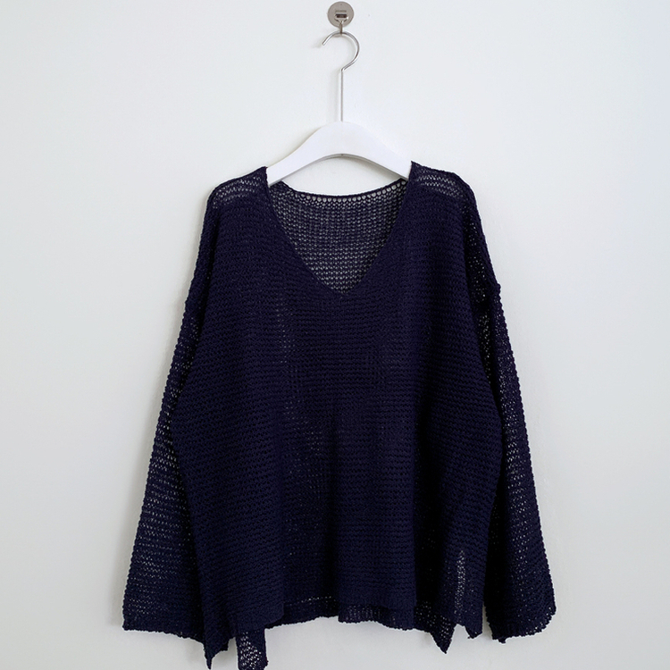 メッシュシアーディープVネック長袖ニット(6color)